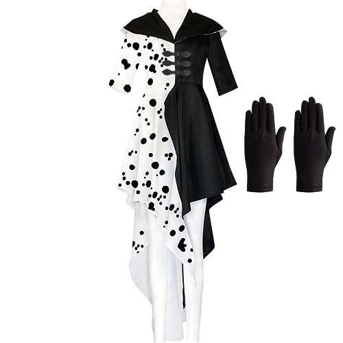 REIWIDE Halloween Cruella Deville Damen Kostüm: Cosplay Hexenkleid Schwarz Weißes Dalmatiner Kleid - für Karneval Party Dress Up (L) von REIWIDE