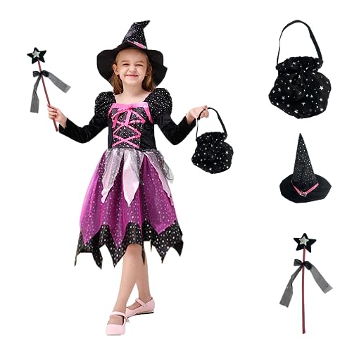 REIWIDE Halloween Kostüm Kinder Mädchen Hexe: Party Hexenkleid Farbe Kleid - Teufel Zauberer Verkleiden Cosplay (Bonbontüte - Zauberstab - Kleidung - Hut) (120) von REIWIDE