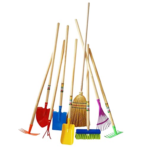 Rekord Kinder Gartengeräte Set 9-teilig Schaufel, Spaten, Rechen, Besen, Laubbesen, Grubber, Doppelhacke - Metall, Holz-Stiel (76cm) Gartenspielzeug, Kinder-Gartenwerkzeug von REKORD Qualität in Ihrer Hand