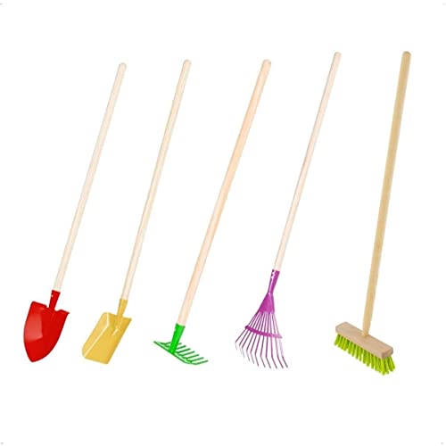 Rekord Kinder Gartengeräte Set 5-teilig (Schaufel (Gelb), Spitzspaten (Rot), Rechen (Grün), Besen (Grün), Laubbesen (Lila)- Metall - Holz-Stiel (76cm) Gartenspielzeug, Gartenset, Kinder-Gartenwerkzeug von REKORD Qualität in Ihrer Hand