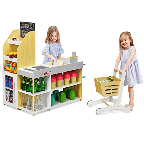 RELAX4LIFE Supermarkt mit Einkaufswagen, inkl. Tafel & Registrierkasse, Spielzeug als Kassierer, Kassenspielset mit Scanner & Kartenlesegerät & 5 Holzmünzen, Rollenspielzeug für Kinder ab 3 Jahren von RELAX4LIFE