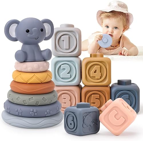 REMOKING Montessori Spielzeug für Babys, 13 PCS Baby Bausteinspielzeug, Stapelspielzeug Lernspielzeug, Baby Motorik Spielzeug Geschenke für 0-3-6-12 Monate Jungen und Mädchen von REMOKING