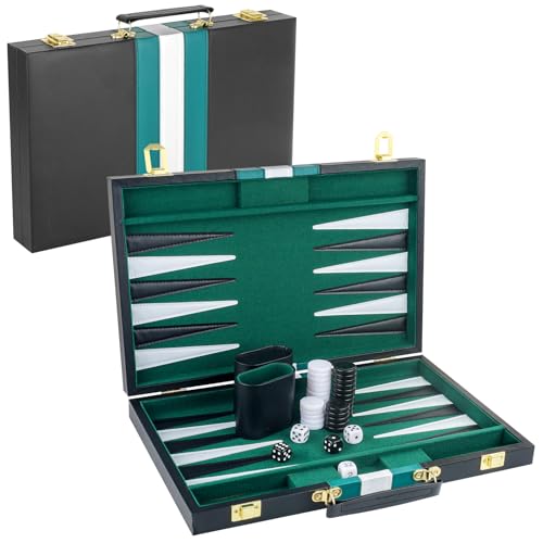 RERIVER Backgammon-Set für 2 Spieler, klassisches Backgammon-Set für Erwachsene, Brettspiel mit schwarzer PU-Ledertasche, tragbares und Reise-Backgammon-Set (Grün, 38,1 cm) von RERIVER