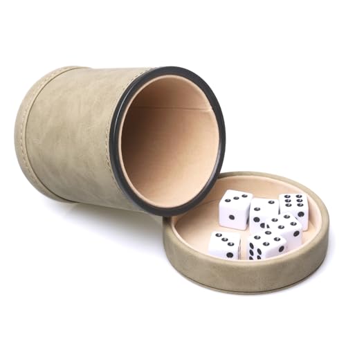 RERIVER Brauner Wildleder-Würfelbecher mit Deckel, weiches Filz-Innenfutter, leiser Würfelbecher mit 6 Würfeln für Lügner-/Farkel-/Yahtzee-Spiele, 1 Packung von RERIVER