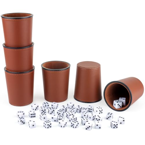 RERIVER Filzgefüttertes PU-Leder-Würfelbecher-Set, 6 leise Würfel-Shaker-Becher mit 36 Würfeln für Bar-Party, Yahtzee Farkle Würfelspiele, Dunkelbraun von RERIVER