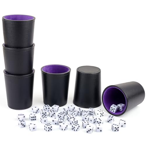 RERIVER Filzgefüttertes PU-Leder-Würfelbecher-Set, 6 leise Würfel-Shaker-Becher mit 36 Würfeln für Bar-Party, Yahtzee Farkle Würfelspiele, Lila von RERIVER