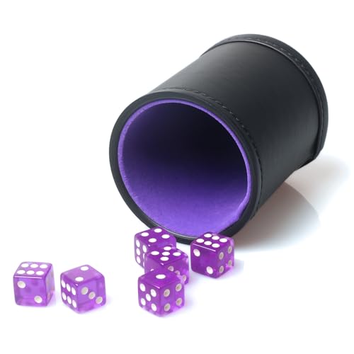 RERIVER Würfelbecher-Set aus PU-Leder, violetter Samt, Innenwürfel-Shaker, leise mit 6 violetten, durchscheinenden Würfeln für Liars Würfel, Farkel, Yahtzee Spiele, 1 Packung von RERIVER