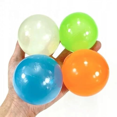 Antistressbälle Klebend Leuchtend 4 Stück – Glow in The Dark Stressball Set – Klebrige, Leuchtende Spielbälle für Kinder & Erwachsene, Entspannung, Partydeko, Stressabbau – 65mm Durchmesser von RESTEQ