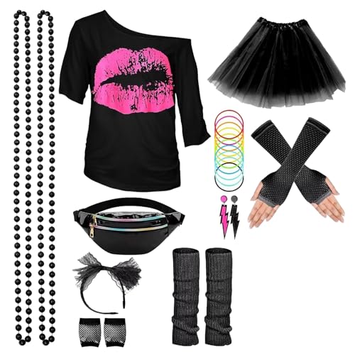 RETUOLWAG 80er-Jahre-Kostüme für Damen, Kostüm-Outfit, Zubehör, Halloween, Weihnachten, Cosplay, Party, Rock, Stirnband von RETUOLWAG