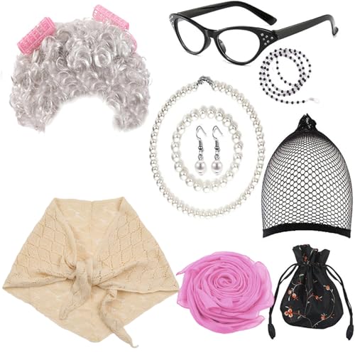 RETUOLWAG Cosplay Set für Damen Erwachsene Oma Perücken Brille Künstliche Perle Halskette Ohrringe Oma Kostüm für Party von RETUOLWAG