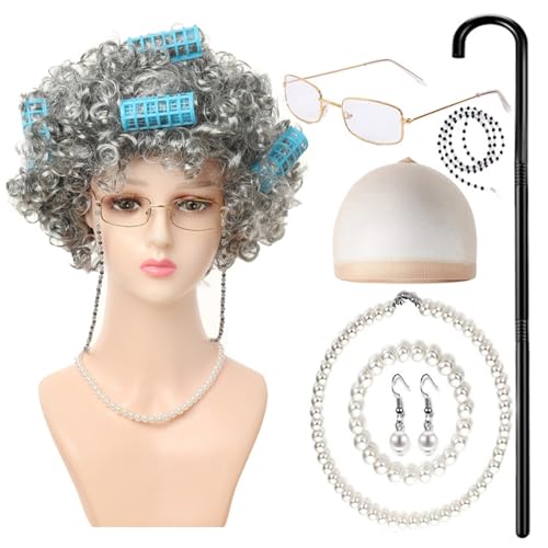 RETUOLWAG Old Lady Kostüm Set für Mädchen 100 Tage Schule Oma Kostüm Outfit Halloween Dress Up Oma Brille Dress Up von RETUOLWAG