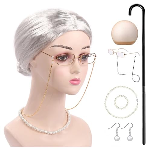 RETUOLWAG Old Lady Kostüm Set für Mädchen 100 Tage Schule Oma Kostüm Outfit Halloween Dress Up Oma Brille Dress Up von RETUOLWAG