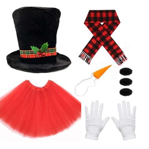 RETUOLWAG Schneemann-Kostüm-Set, Weihnachten, Winter, frostiges Kostüm, Schneemann-Hut mit Tutus-Rock, Karotte, Nasenschal, Handschuhe, Pompons, Bälle von RETUOLWAG