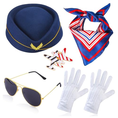 RETUOLWAG Stewardess-Hut für Damen, Kopftücher, Handschuhe/Brosche, Set für Karneval, Kostüm, Teenager, Mädchen, Fotografie, Hut für Halloween-Party von RETUOLWAG