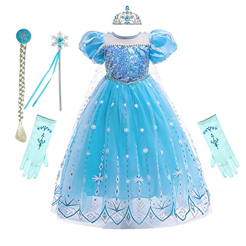 REXREII Mädchen Frozen Elsa Prinzessin Kleid Halloween Kostüm Weihnachten Geburtstag Abend Party Ballkleid mit Zubehör Blau 10-11T von REXREII