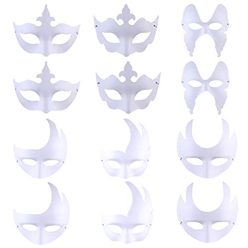 12 Stück Weiße Maske-Maske Unlackiert-Papier Maskerade Halbmaske,DIY Dekoration Venezianischen Karneval Halloween Cosplay Kostüm für Kinder Frauen Männer,Lackiert Maskerade Maske Mit Elastischem Seil von REYOK