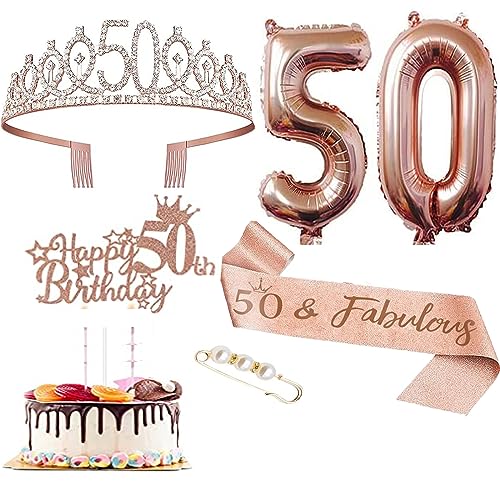 50 Jahre Geburtstag Krone Schärpe, 50 & Fabulous Geburtstag Schärpe Tiara Krone, 50th Geburtstag Cupcake Topper Aluminiumfolie Luftballons für 50. Geburtstag Geschenke Mädchen Kuchen Deko von REYOK