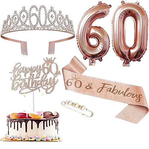 60 Jahre Geburtstag Krone Schärpe Set, 60 & Fabulous Geburtstag Schärpe Tiara Krone, 60th Geburtstag Cupcake Topper Aluminiumfolie Luftballons für 60. Geburtstag Geschenke Mädchen Kuchen Deko von REYOK