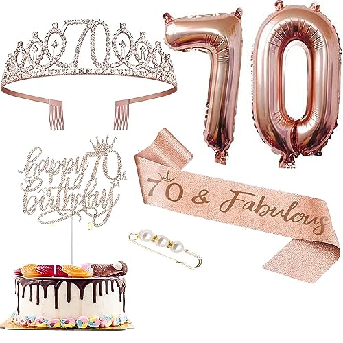 Geburtstag Krone Schärpe 70 Jahre, Geburtstag 70 & Fabulous Schärpe Tiara Krone 70th Geburtstag Cupcake Topper Aluminiumfolie Luftballons für 70. Geburtstag Geschenke Mädchen Kuchen Deko von REYOK