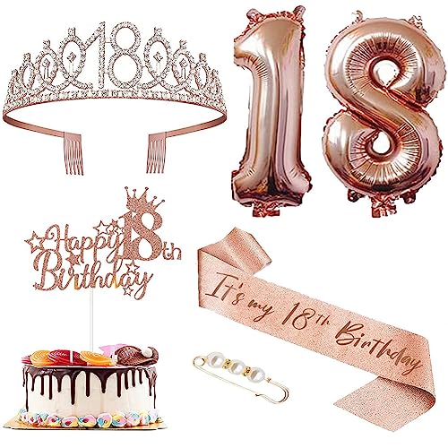 18 Jahre Geburtstagskrone und Geburtstag Schärpe,Sweet 18 Geburtstag Schärpe Tiara Krone,Geburtstag Cupcake Topper Konfetti Luftballons für 18. Geburtstag Geschenke Mädchen Kuchen Deko (Rose Gold) von REYOK