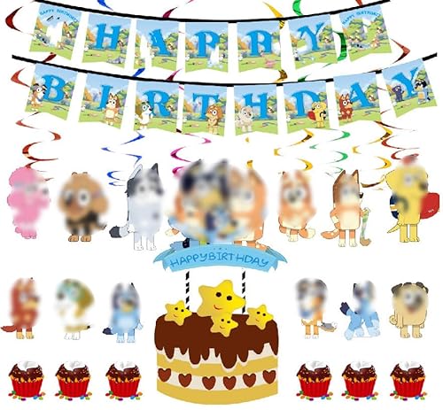 Blauer Hund Kindergeburtstag Deko Kit Hundemuster Ballondekoration Happy Birthday Deko Spirale Konfetti Partykette Cake topper Kuchendeckel für Baby Shower Party von REYOK