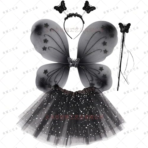 REYOK 4PCS Schwarze Feen kostüm Kinder,Mädchen Fancy Dress Up Schmetterlingsflügel Kostüm Sets,Kinder Schmetterling Stirnbänder,Tutu Zauberstab,für 3-8 Jahre Mädchen Kinder Engelsflügel von REYOK