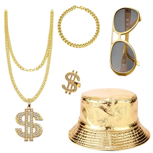 REYOK 5PCS Golden Accessoires Set für Männer,Hip Hop Kostüm Set,Halskette Ring Dollar Gold Kette Armband,Goldener Fischerhut,80 90s Jahre Kostüm für Fasching Themenpartys Rollenspiel von REYOK