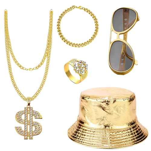 REYOK 5PCS GoldenCostume Accessories Set für Männer,Hip Hop Kostüm Set,Halskette,Ring,Dollar Gold kette,Armband,Goldener Fischerhut,80 90s Jahre für Fasching Themenpartys Rollenspiel von REYOK