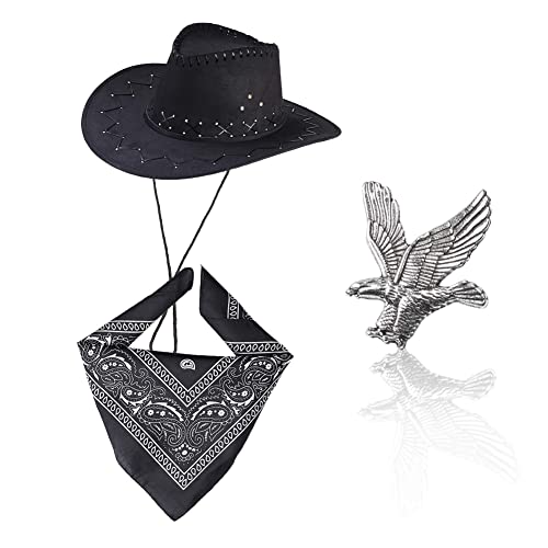 REYOK Western Cowboy Kostüm Zubehör Set Wilder Westen Kinderkostüm Cowboy Set Cowboy Kostüm Zubehör Hut Bandanna Toy Guns mit Gürtel Holster für Halloween Party Dress Up Karneval, Mottoparty(Schwarz) von REYOK