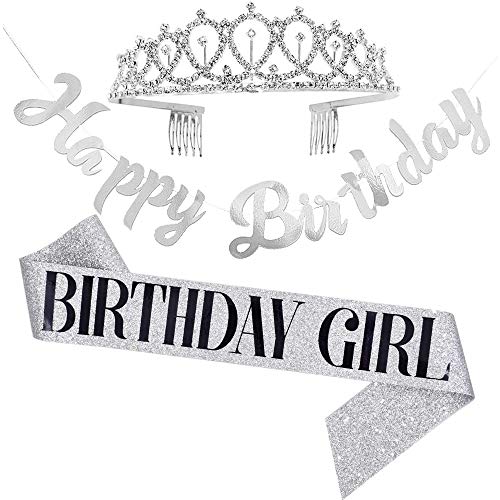 Silber Geburtstag Girl Schärpe Krone Alles Gute zum Geburtstag Banner Kit Kristall Strass Prinzessin Tiara Krone Glitzer Geburtstagsschärpe Set für Mädchen Frauen Geburtstag Party Dekoration 3pcs von REYOK