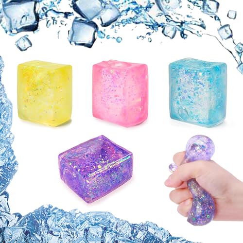 RHQFDM 4 Stücke Eiswürfel Stressball für Kinder und Erwachsene Squishy Stress Relief Eiswürfel Glitter Squeeze Anti Stress Cubes Fidget Toys für Kinder,Geschenke für Kinder mit ADHS von RHQFDM