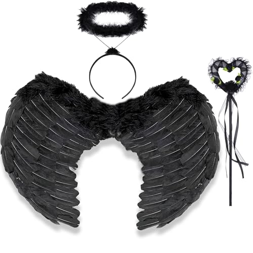 Engelsflügel Schwarz Set, Schwarze Flügel mit Stirnband und Stock, Engels Flügel Kostüm für Kinder Erwachsene für Halloween Karneval Cosplay Party (60*21cm, Schwarz) von RHZXD