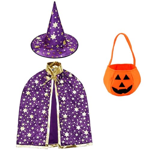 Kinder Halloween Kostüm, Zauberer Kostüm Kinder, Halloween Umhang Kinder Hexe Zauberer Umhang mit Hut, Kürbis Candy Bag, Wizard Cape Witch Mantel mit Requisiten für Jungen Mädchen Cosplay Party(lila) von RHZXD