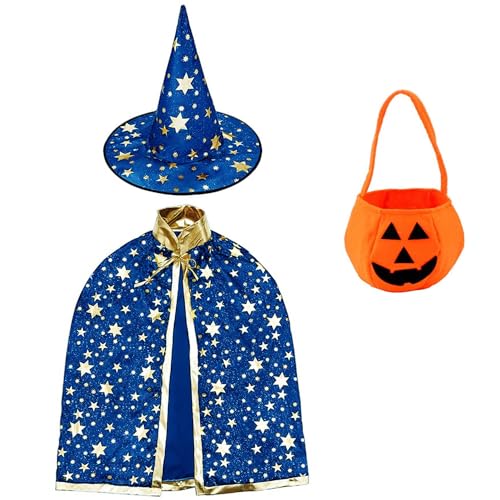 Kinder Halloween Kostüm, Zauberer Kostüm Kinder, Halloween Umhang Kinder Hexe Zauberer Umhang mit Hut, Kürbis Candy Bag, Wizard Cape Witch Mantel mit Requisiten für Jungen Mädchen Cosplay Party(blau) von RHZXD