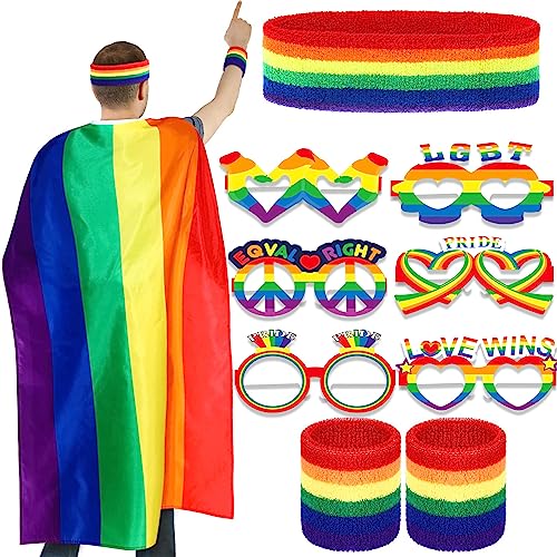 RHZXD 10 Stück Lgbtq Accessoires, Regenbogen Gay Pride Partybrillen,Regenbogen Umhang Regenbogenstirnband regenbogen armband, Verwendet für Damen Herren LGBTQ Schwulenparade Karneval von RHZXD