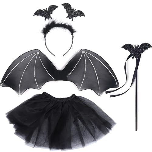 RHZXD Fledermaus Kostüm Kinder, Fledermaus Kostüm Mädchen, Ein einzigartiges und niedliches Kostüm mit Flügeln tolles Kostüm für Karneval, Fasching, Cosplay und mehr, Einheitsgröße, Schwarz von RHZXD