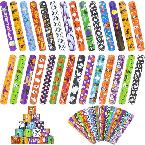 RICEDUO 48 Stücke Halloween Schnapparmband Kinder, 24 Bunte Stile, Bulk Halloween Slap Armbänder für Kinder Party Gefälligkeiten, Spielzeug Preise für Goodie Taschen Füller von RICEDUO