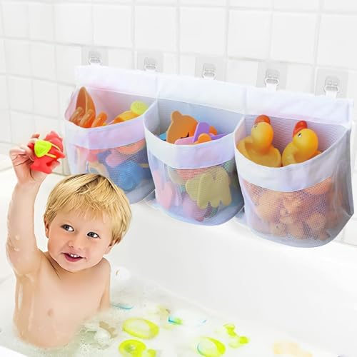 Badewannenspielzeug Aufbewahrungstasche,hängeorganizer Tasche Badewannenspielzeug Aufbewahrung, 60cm Badespielzeug Netztasche Mit Selbstklebend Haken Aufbewahrung und Sortierung von Spielzeug von RICKMASK