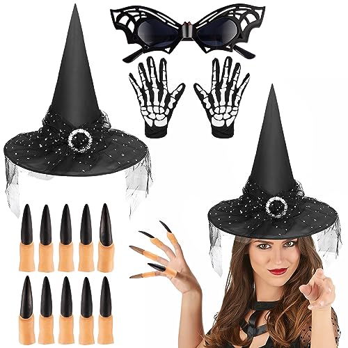 RICKMASK Hexe Hut Kostüm Set, 4PCS Mädchen Hexenkostüm, Halloween Partei Hexenhut, Halloween Kostüm Requisiten für Erwachsene Kinder Halloween Cosplay Maskerade Zubehör Geschenk von RICKMASK