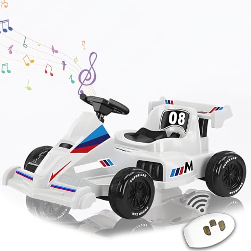 12V 5 MPH Go Kart, Race Drift Kart mit 2×380W Motoren, Pedal Ride On Toy mit Slow Start, Fernbedienung, Musik, Lichter, Crazy Cart für Kinder 3-12,Weiß von RIDEONMOP