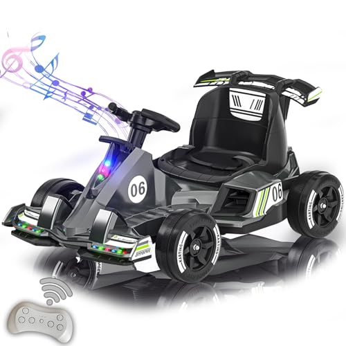 12V Kinder Go Kart, 380W Race Drift Kart, Pedal Ride On Toy, mit Fernbedienung, Musik, Lichtern, Gas- und Bremspedalen für Jungen/Mädchen,Grau von RIDEONMOP