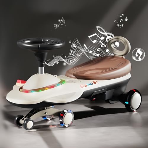 Elektrisches Wiggle Car mit Pedalen, 6V7 Wiggle Car Ride On Toy mit LED blinkenden Rädern, 2 in 1 Swing Car mit Lichtern und Musik für Indoor Outdoor Go Ride,Braun von RIDEONMOP