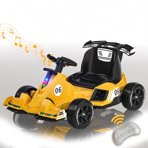 RIDEONMOP 12V Go Kart für Kinder, Drift Go Cart Kids mit 380W Motoren, Pedal Kart mit Fernbedienung, Musik, Lichter, Gas- und Bremspedal, Fahrspielzeug für Jungen/Mädchen,Gelb von RIDEONMOP