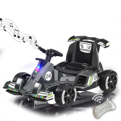 RIDEONMOP 12V Go Kart für Kinder, Drift Go Cart Kids mit 380W Motoren, Pedal Kart mit Fernbedienung, Musik, Lichter, Gas- und Bremspedal, Fahrspielzeug für Jungen/Mädchen,Grau von RIDEONMOP