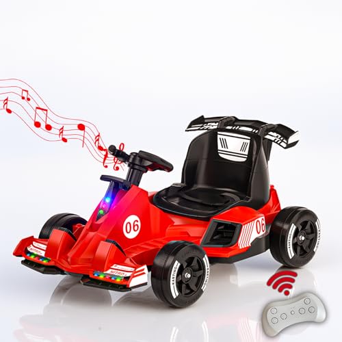 RIDEONMOP 12V Go Kart für Kinder, Drift Go Cart Kids mit 380W Motoren, Pedal Kart mit Fernbedienung, Musik, Lichter, Gas- und Bremspedal, Fahrspielzeug für Jungen/Mädchen,Rot von RIDEONMOP