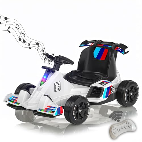 RIDEONMOP 12V Go Kart für Kinder, Drift Go Cart Kids mit 380W Motoren, Pedal Kart mit Fernbedienung, Musik, Lichter, Gas- und Bremspedal, Fahrspielzeug für Jungen/Mädchen,Weiß von RIDEONMOP