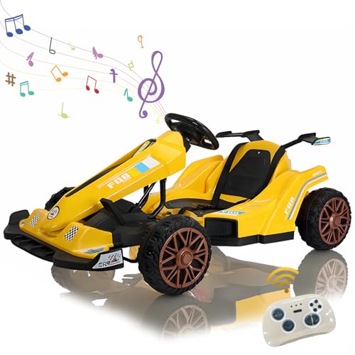 RIDEONMOP 12V Go-Kart für Kinder, Drift Go-Kart mit Rückwärtsfunktion/hohe/niedrige Geschwindigkeit einstellbar, Verstellbarer Sitz und Lenkrad für Kinder unterschiedlicher Größe 3+,Gelb von RIDEONMOP