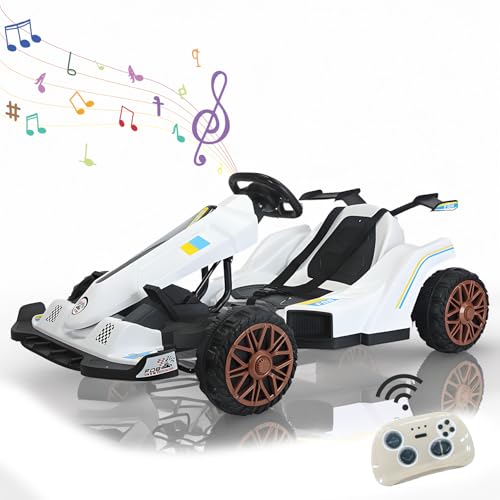 RIDEONMOP 12V Go-Kart für Kinder, Drift Go-Kart mit Rückwärtsfunktion/hohe/niedrige Geschwindigkeit einstellbar, Verstellbarer Sitz und Lenkrad für Kinder unterschiedlicher Größe 3+,Weiß von RIDEONMOP