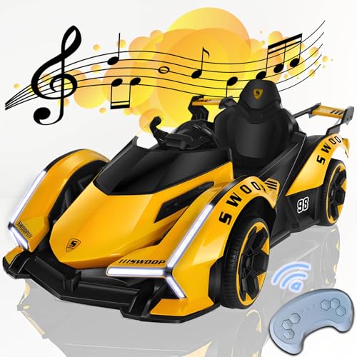 RIDEONMOP 12V7AH Kinder Go Kart, Go Kart mit Drift Race Pedal, 390W extra leistungsstarke Motoren, Go Kart mit Rocking-Modus, Stimmungslicht, Stoßdämpferfedern reduzieren Unebenheiten, Handling,Gelb von RIDEONMOP