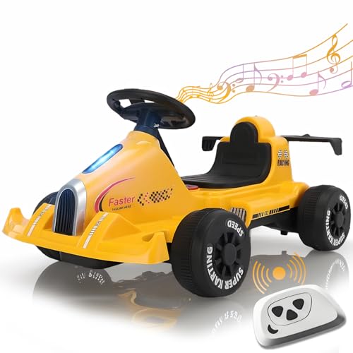 RIDEONMOP 6V Elektro Go Kart für Kinder, 3 MPH Racer Drift Go Kart, Crazy Cart mit 380W starkem Motor, Musik, Lichter, Ride on Spielzeug für 3-12,Gelb von RIDEONMOP